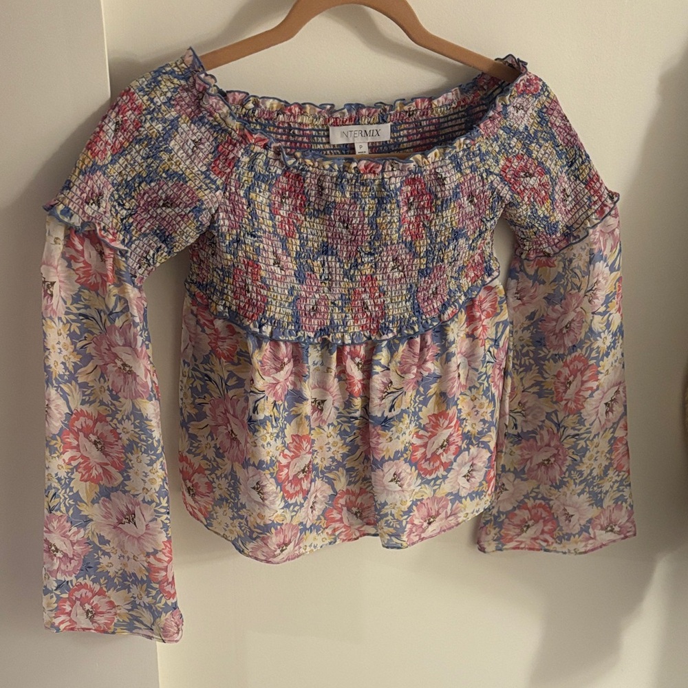 INTERMIX Floral Smocked Blouse - Blue and Pink